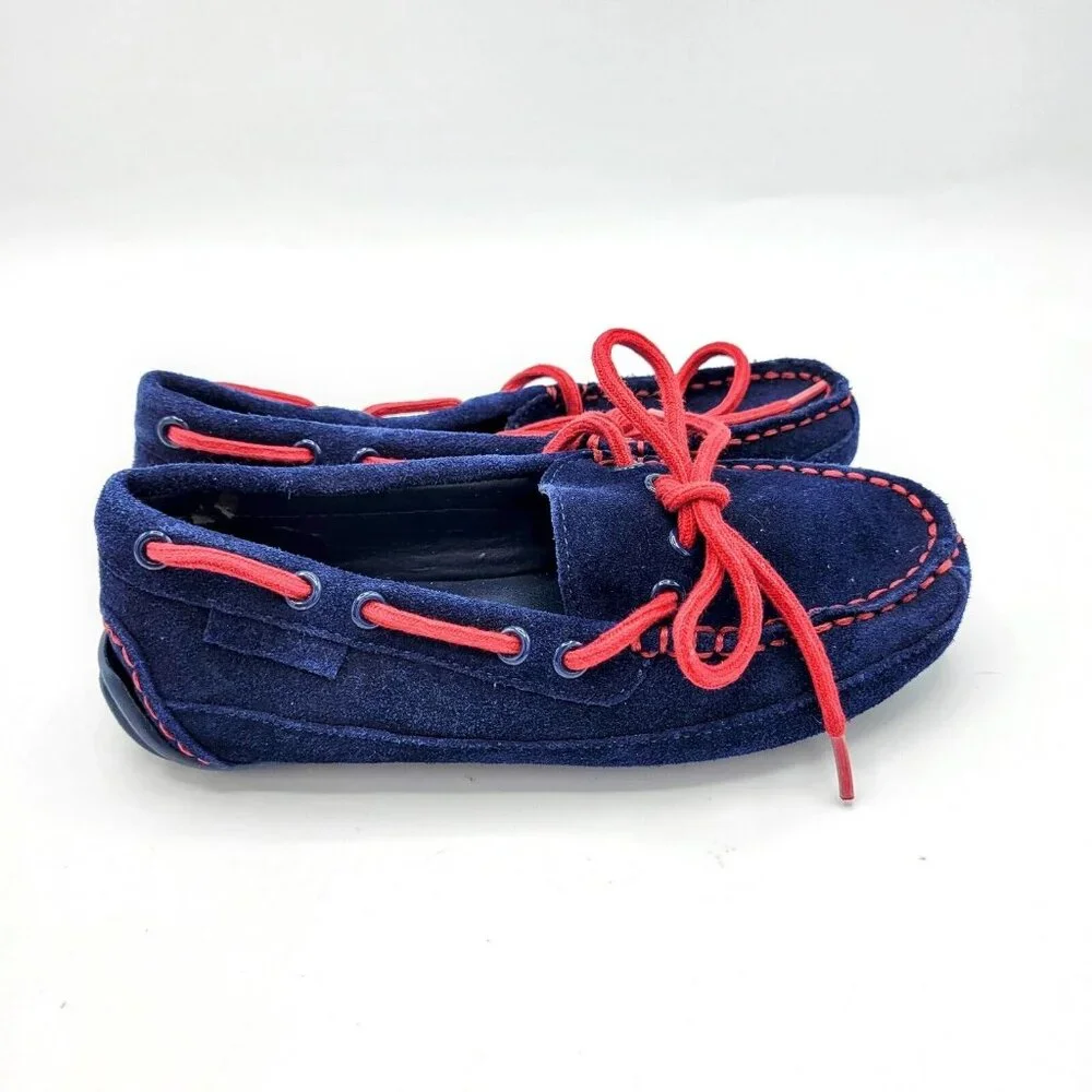 Cole Haan Slip On Boat Suede Shoe Grand Os Boys Size 13 Navy And Red
